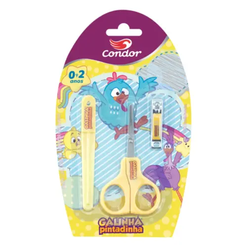 KIT TESOURA + CORTADOR DE UNHA + LIXA GALINHA PINTADINHA