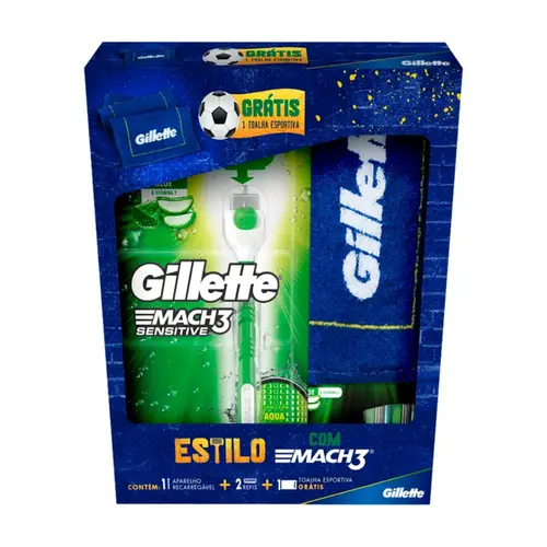 KIT GILLETTE MACH 3 SENSITIVE 1 APARELHO DE BARBEAR + 3 CARGA +TOALHA