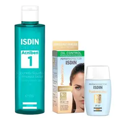 KIT ISDIN FUSION PROTETOR SOLAR FACIAL FPS60 50ML+GEL DE LIMPEZA ACNIDEN 80G