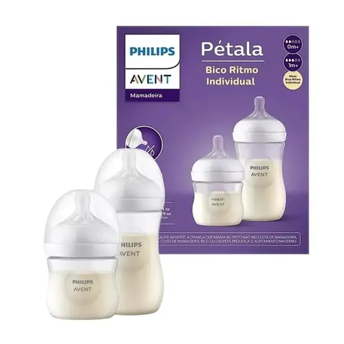 KIT MAMADEIRA AVENT PETALA 3.0 COM 2 UNIDADES DE 125ML BICO FLUXO LENTO E 260ML BICO FLUXO MÉDIO