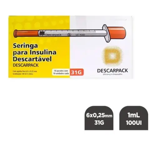 SERINGA DESCARPACK INSULINA 100UI COM 10 UNIDADES AGULHA DE 6MM