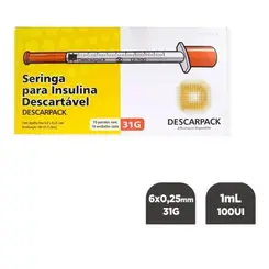 SERINGA DESCARPACK INSULINA 100UI COM 10 UNIDADES AGULHA DE 6MM