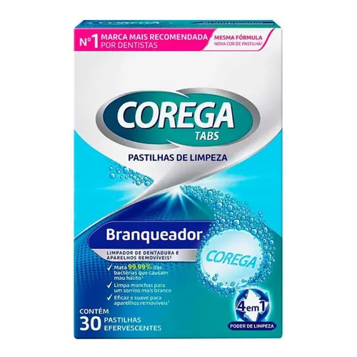 COREGA TABS BRANQUEADOR PASTILHAS DE LIMPEZA COM 30 UNID