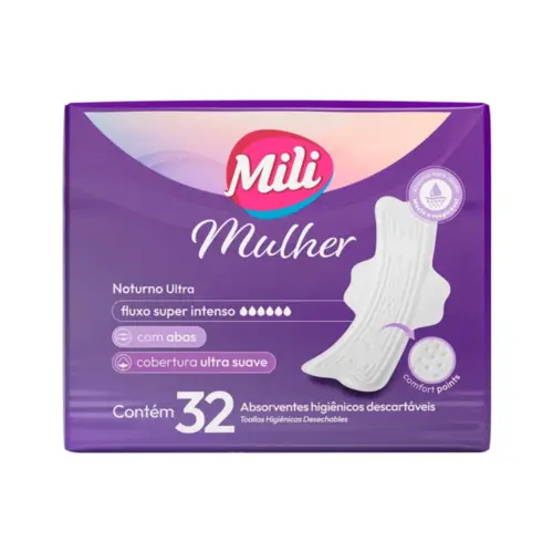 ABSORVENTE MILI MULHER NOTURNO DISCRETO FLUXO INTENSO ULTRA SUAVE COM ABAS 32 UNIDADES