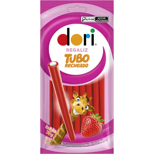 BALAS REGALIZ TUBO RECHEADO MORANGO DORI 70G