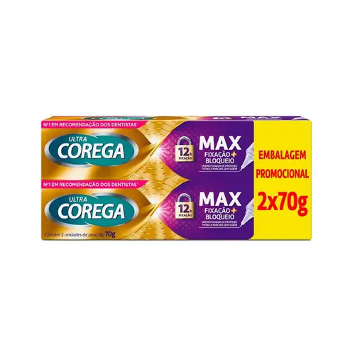 KIT COREGA ULTRA CREME FIXADOR DE DENTADURA MAX FIXAÇÃO + BLOQUEIO 2 UNIDADES 70G