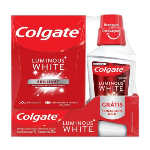 KIT COLGATE LUMINOUS WHITE BRILLIANT COM 3 PASTA DE DENTE 70G + 1 ENXAGUANTE BUCAL 250ML