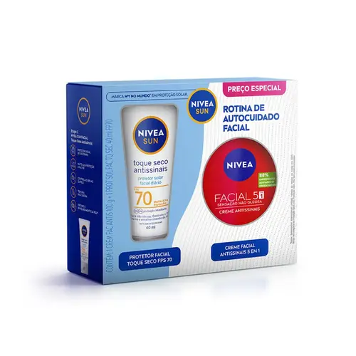 KIT NIVEA ROTINA DE AUTOCUIDADO PROTETOR SOLAR FACIAL FPS70 + CREME ANTISSINAIS