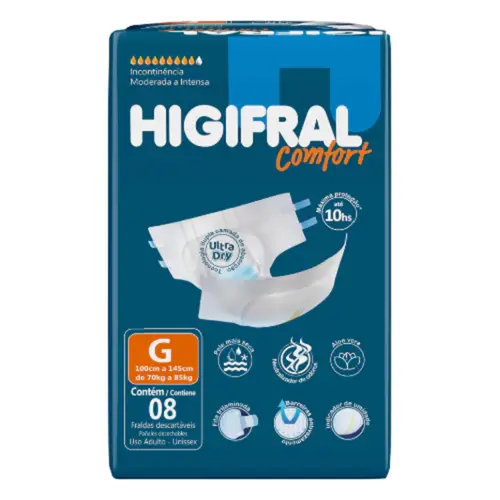 FRALDA GERIÁTRICA HIGIFRAL CONFORT G COM 08 UNIDADES - INCONTINÊNCIA MODERADA A INTENSA