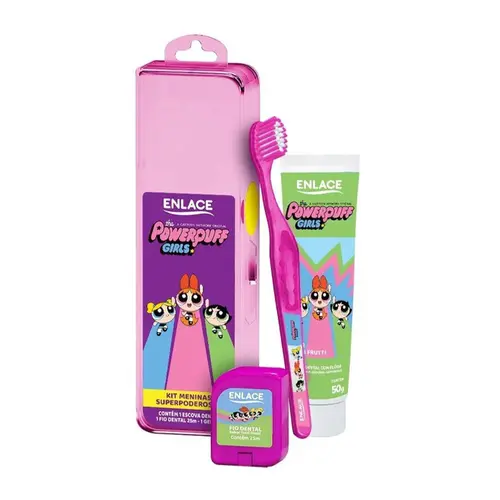 KIT ENLACE PASTA DE DENTE + ESCOVA + FIO DENTAL MENINAS SUPER PODEROSAS