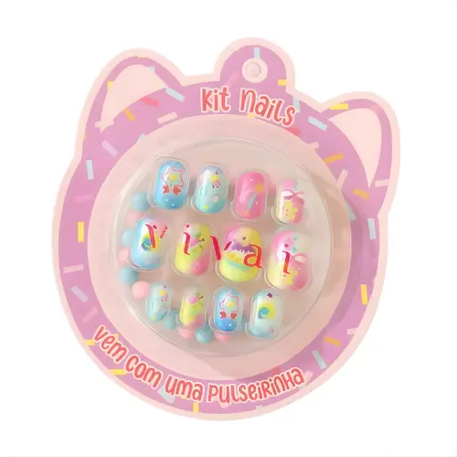KIT UNHAS POSTIÇAS VIVAI INFANTIL COM PULSEIRINHA CORES VÁRIADAS