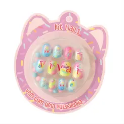 KIT UNHAS POSTIÇAS VIVAI INFANTIL COM PULSEIRINHA CORES VÁRIADAS