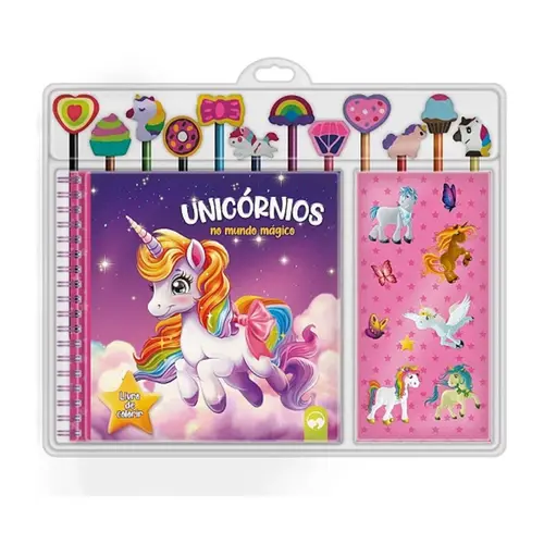 LIVRO BRINQUEDO KIT LAPIS + BORRACHA UNICORNIOS VALE DAS LETRAS