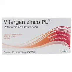 POLIVITAMINICO VITERGAN ZINCO PL 30MG COM 30 COMPRIMIDOS