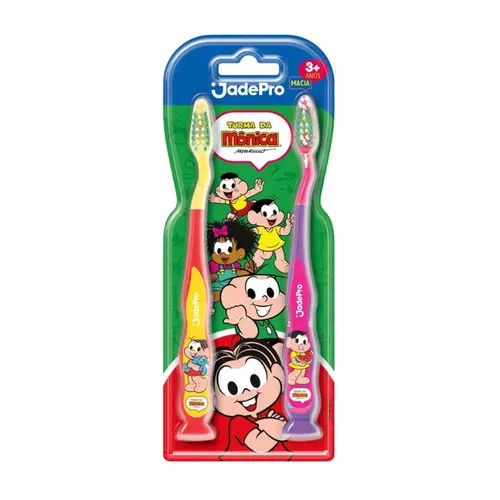 ESCOVA DE DENTE JADEPRO TURMA DA MONICA COM VENTOSA MACIA 2 UNIDADES