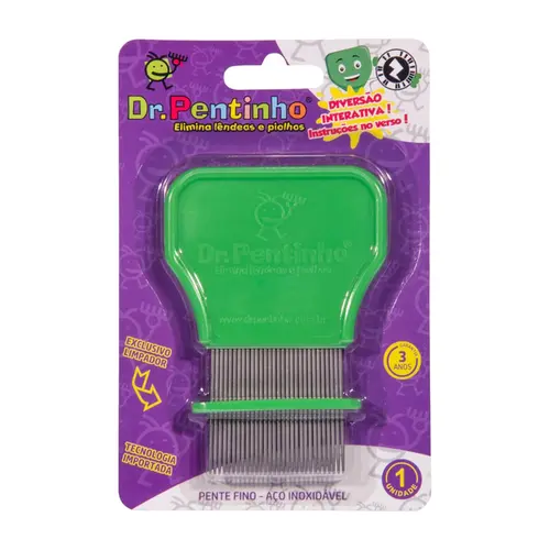 DR PENTINHO PENTE FINO DE ACO INOX VERDE PARA PIOLHO