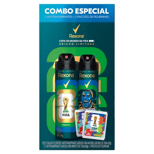 KIT DESODORANTE AEROSOL REXONA MEN ANTIBAC INVISIBLE + IMPACTO 150ML + 2 PACOTES DE FIGURINHA FIFA 26