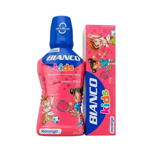 KIT BIANCO KIDS MORANGO ENXAGUANTE BUCAL + CREME DENTAL 250ML + 60G