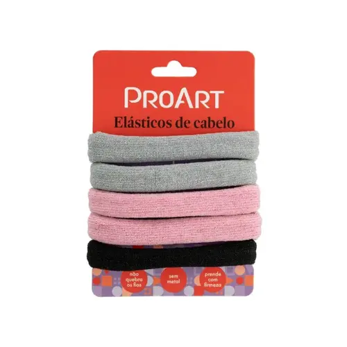 ELÁSTICO DE CABELO PROART COM 5 UNIDADES ROSA, CINZA E PRETO