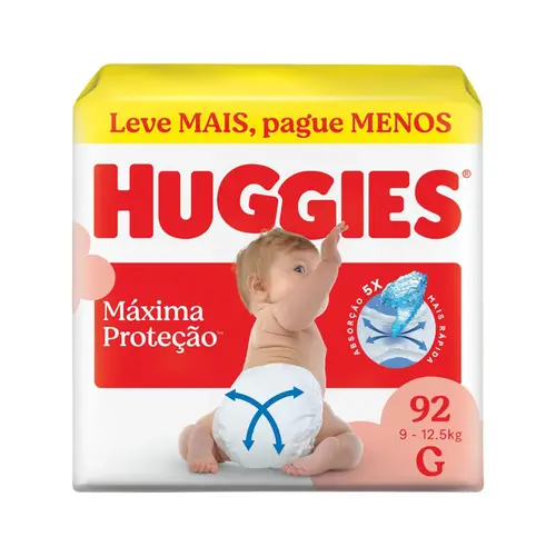 FRALDA HUGGIES MÁXIMA PROTEÇÃO G COM 92 UNIDADES
