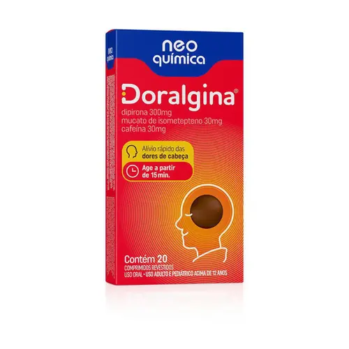 DORALGINA DIPIRONA SÓDIGA 300MG + ISOMETEPTENO 30MG + CAFEÍNA 30MG 20 COMPRIMIDOS - ALIVIO RAPIDO DAS DORES DE CABEÇA RÁPIDO