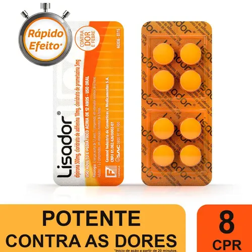 LISADOR  DIPIRONA 500MG + ADIFENINA 10MG + PROMETAZINA 5MG COM 8 COMPRIMIDOS