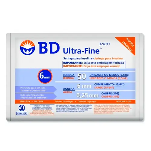 SERINGA BD ULTRA FINE INSULINA 50Un(UI) COM 10 UNIDADES AGULHA DE 6MM