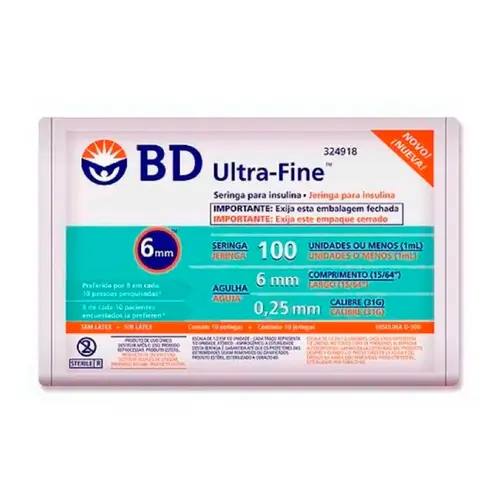 SERINGA BD ULTRA FINE INSULINA 100UI COM 10 UNIDADES AGULHA DE 6MM