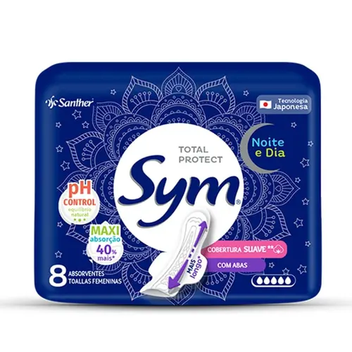 ABSORVENTE NOTURNO SYM TOTAL PROTECT NOITE & DIA SUAVE COM ABAS 8 UNIDADES