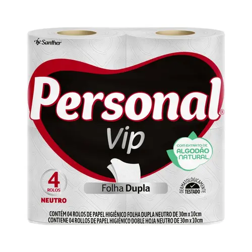 PAPEL HIGIENICO PERSONAL VIP FOLHA DUPLA NEUTRO 30M 4 UNIDADES